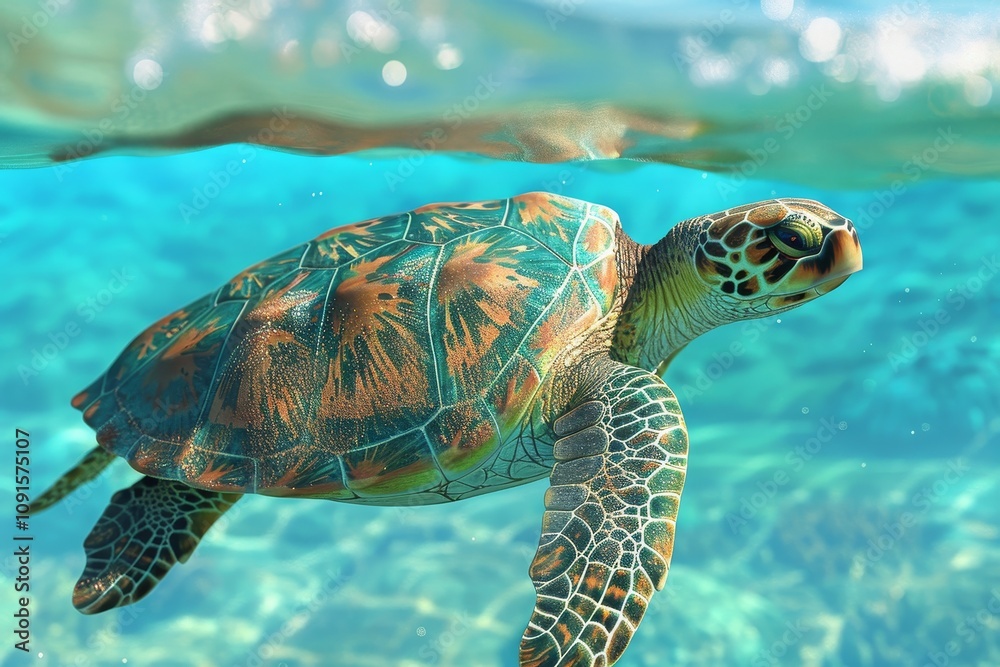 Obraz premium A green sea turtle glides effortlessly through vibrant, clear turquoise waters, showcasing its intricate shell patterns while sunlight filters through the surface above.