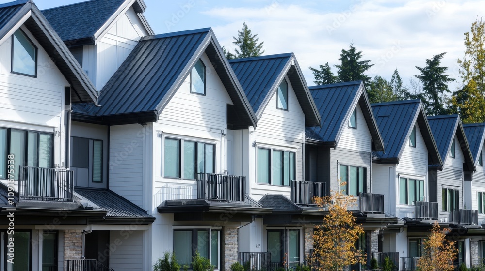 Fototapeta premium Row of Modern Townhouses with Black Roofs and Balconies