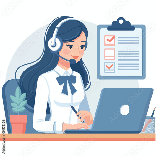 Flat illustration of operator of call center agent or customer service working in headphone and mic sitting at desk with laptop computer checklist and checkmark on a white background