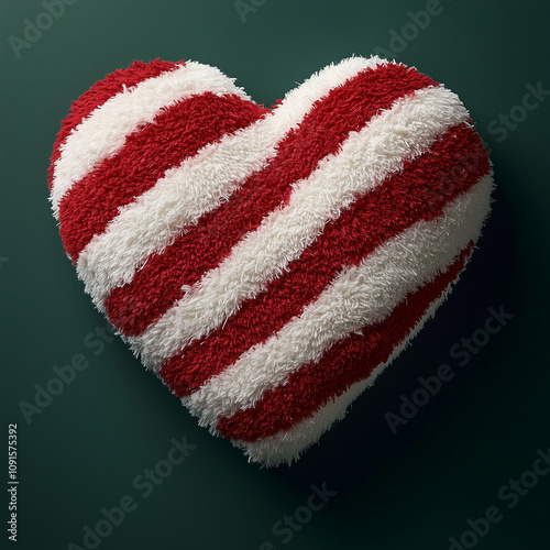 A soft plush heart with festive red and white diagonal stripes, reminiscent of candy cane patterns, perfect for holiday decor or a unique seasonal gift. photo