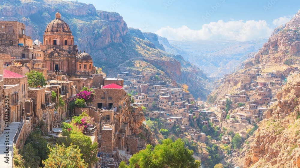 Obraz premium Scenic view of a historic town nestled in a mountainous landscape.