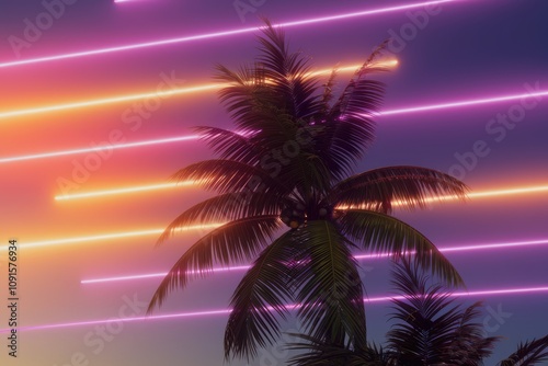 Palm tree silhouette against a vibrant sky with neon lights.