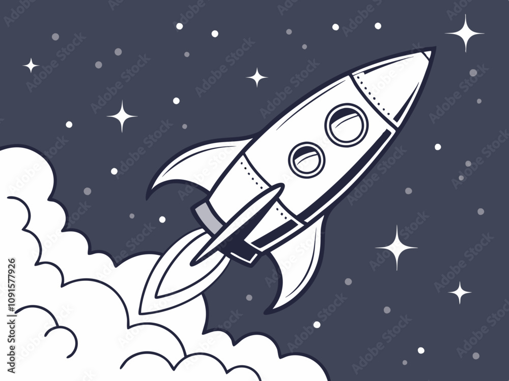 Fototapeta premium Colorful Rocket Ship Flying Through the Night Sky with Stars