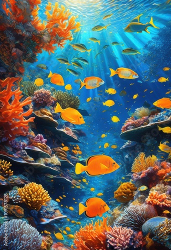 vibrant coral reef showcasing colorful schools fish lively underwater ecosystem, biodiversity, aquatic, marine, ocean, tropical, habitat, diving, sea, fauna photo