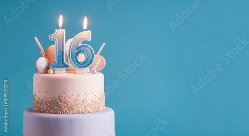 Birthday or anniversary cake with number 16 candle on blue background, perfect for sixteenth birthday or anniversary celebrations and special events photo