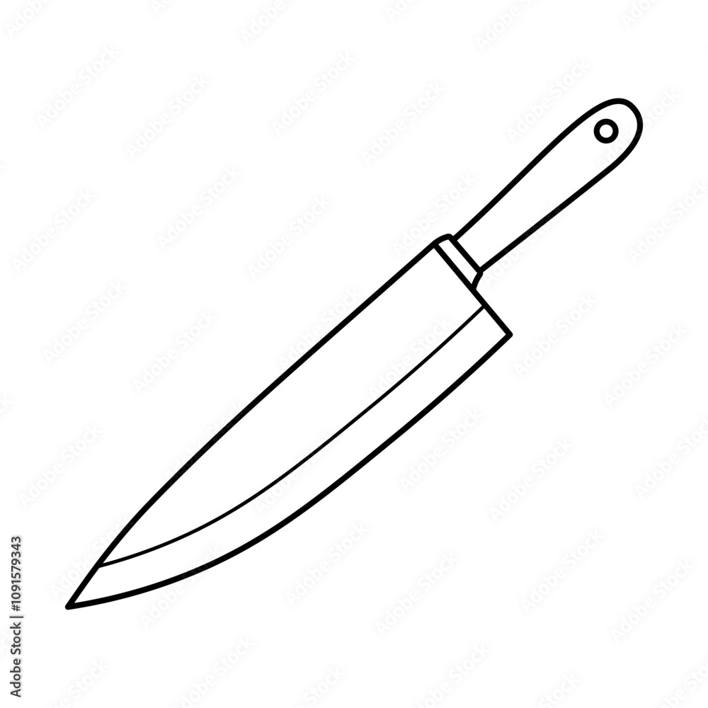 Fototapeta premium Kitchen Knife Outline Vector Illustration. A black and white vector illustration of a kitchen knife. The design features a sharp, elongated blade and a sturdy handle with a loop for hanging.