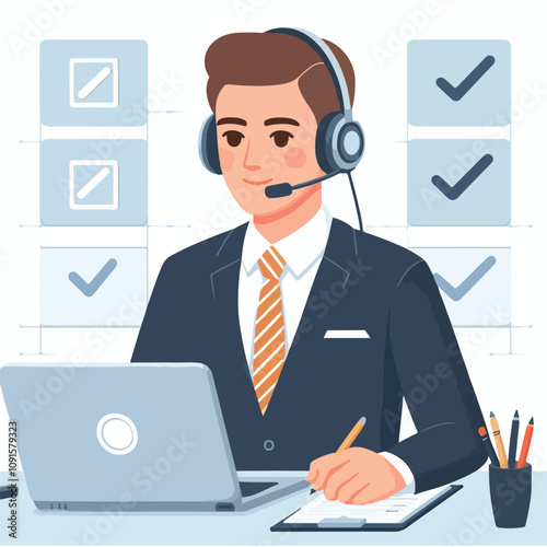 Flat illustration of operator of call center agent or customer service working in headphone and mic sitting at desk with laptop computer checklist and checkmark on a white background