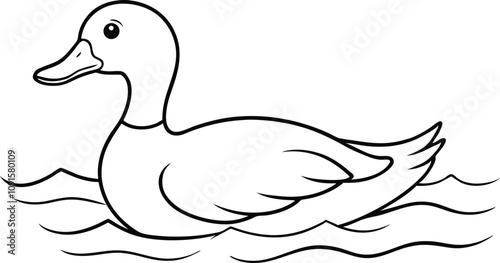 A simple black and white drawing of a duck swimming on the water. A serene water bird image, a perfect coloring page for adults and children