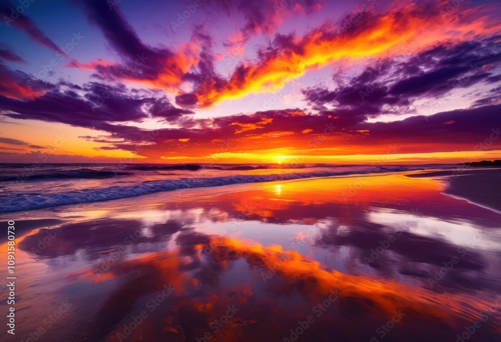 Fototapeta premium vibrant coastal sunset casting colors tranquil waters inspirational reflections purple hues horizon, ocean, sky, clouds, evening, sunlight, scenery, outdoor