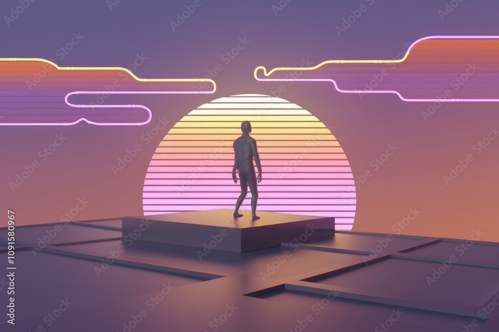 Fototapeta premium A solitary figure stands on a platform against a backdrop of a retro style sunset.