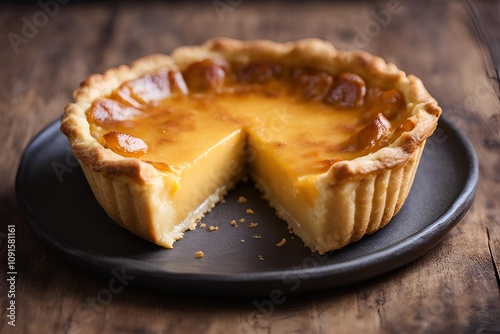 Close-up of a golden, flaky cheese tart with a creamy, smooth cheese filling, topped with a light caramelized finish. The tart is placed on a rustic plate, with soft lighting highlighting its rich tex photo