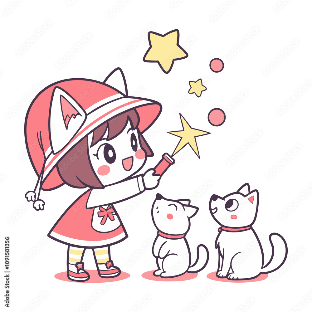 Fototapeta premium Ute pastel illustration of an anime cat girl