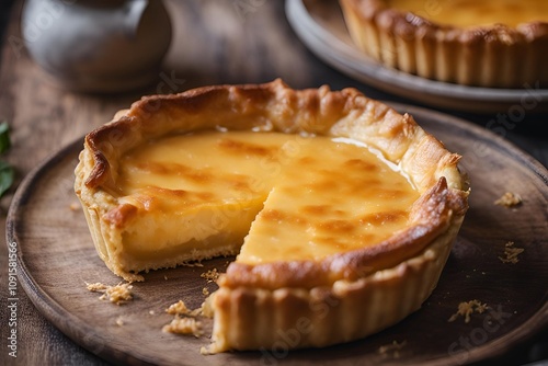 Close-up of a golden, flaky cheese tart with a creamy, smooth cheese filling, topped with a light caramelized finish. The tart is placed on a rustic plate, with soft lighting highlighting its rich tex photo