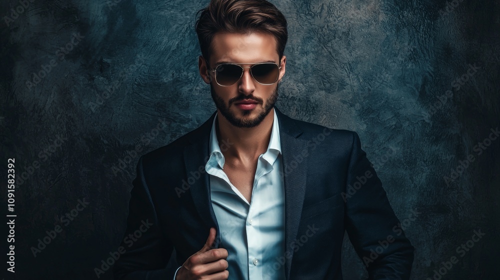 Fototapeta premium Stylish man in suit and sunglasses on dark textured background