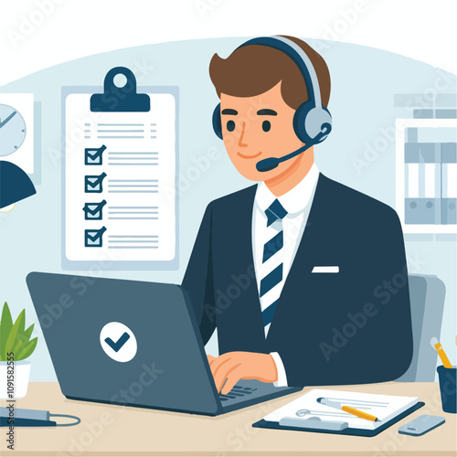 Flat illustration of operator of call center agent or customer service working in headphone and mic sitting at desk with laptop computer checklist and checkmark on a white background