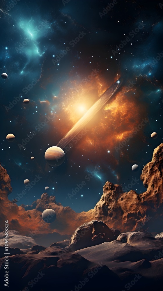 Naklejka premium a group of planets in the sky with clouds and stars in the background, with a bright light shining on the planet