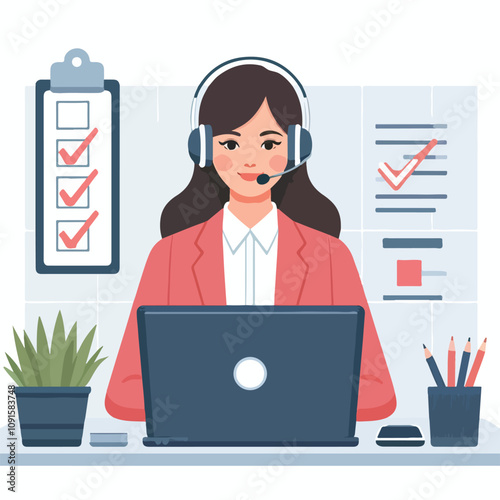 Flat illustration of operator of call center agent or customer service working in headphone and mic sitting at desk with laptop computer checklist and checkmark on a white background
