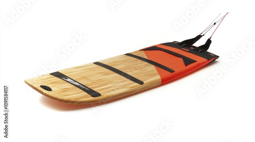 Sleek Surfboard Design with Vibrant Orange and Natural Wood Finish Ideal for Water Sports Enthusiasts and Adventure Seekers Seeking Thrilling Experiences on Waves photo