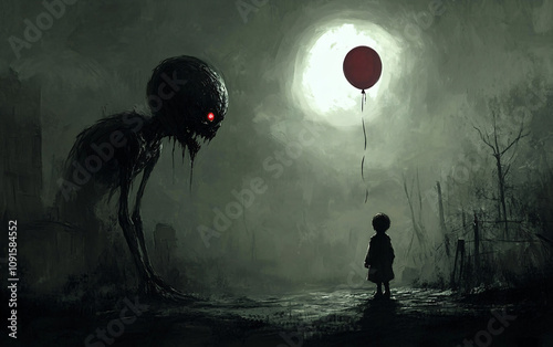 Haunting Illustration of a Child Holding a Red Balloon Amidst Dark Shadows and Eerie Figures, Contrasting Innocence and Fear photo