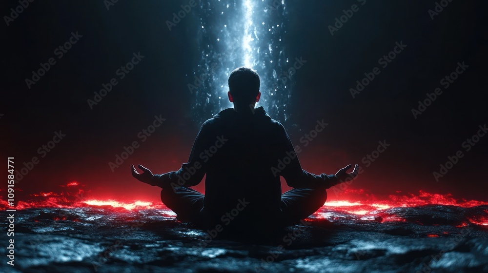 Obraz premium A man sits on a cliff with open arms, waiting for the gates of hell to open in front of him, because of his sins and mistakes. The background is tense, red and dark, cinematic, dramatic