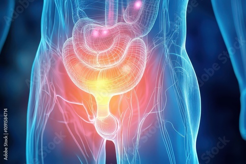 Visualization of human male reproductive system highlighting bladder and prostate area