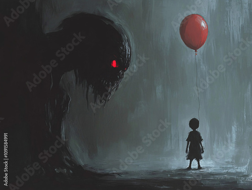 Haunting Illustration of a Child Holding a Red Balloon Amidst Dark Shadows and Eerie Figures, Contrasting Innocence and Fear photo