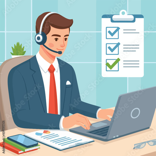 Flat illustration of operator of call center agent or customer service working in headphone and mic sitting at desk with laptop computer checklist and checkmark on a white background