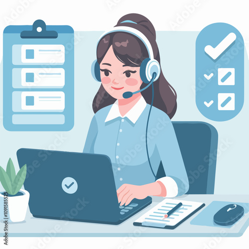 Flat illustration of operator of call center agent or customer service working in headphone and mic sitting at desk with laptop computer checklist and checkmark on a white background