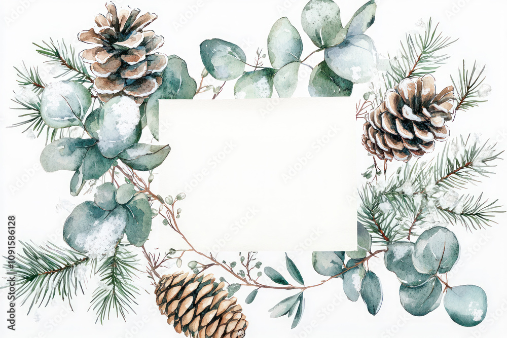 Fototapeta premium Watercolor winter frame with pinecones eucalyptus leaves and snow-covered branches for seasonal greeting cards or holiday designs.