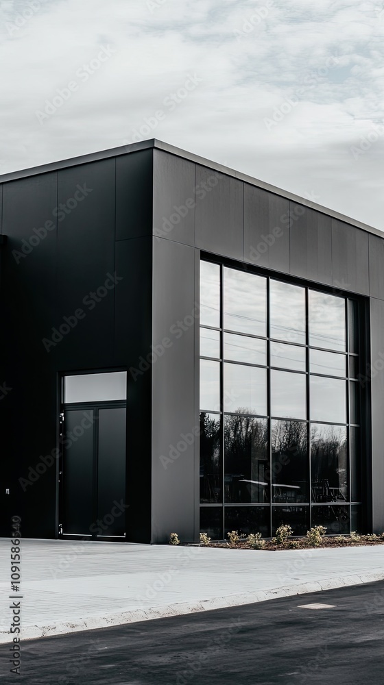 Fototapeta premium Modern architectural design featuring dark gray concrete and metal elements under bright sunlight