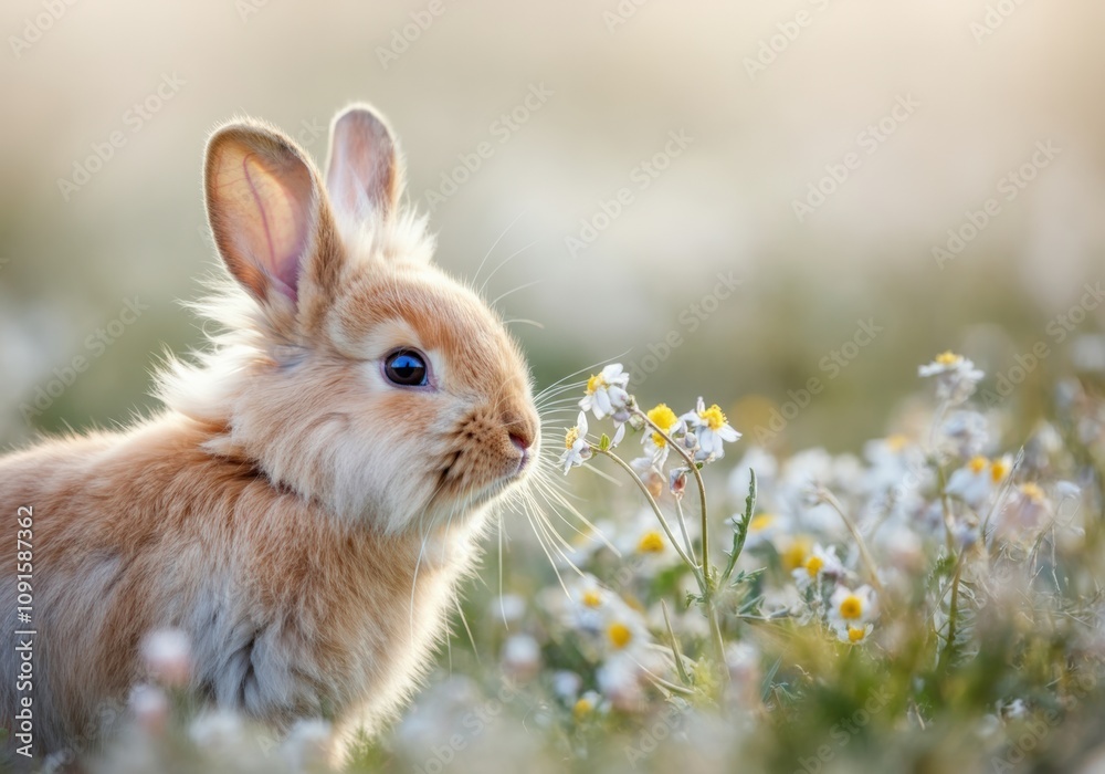 Fototapeta premium Adorable Fluffy Bunny Sniffing Flowers