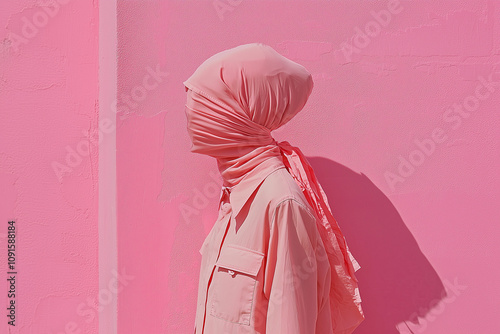 Person in a costume, with face covered with scarf. Minimal creative concept of restrainment, confinement, limitation, restriction, being under control. Pastel pink, monochromatic style. photo