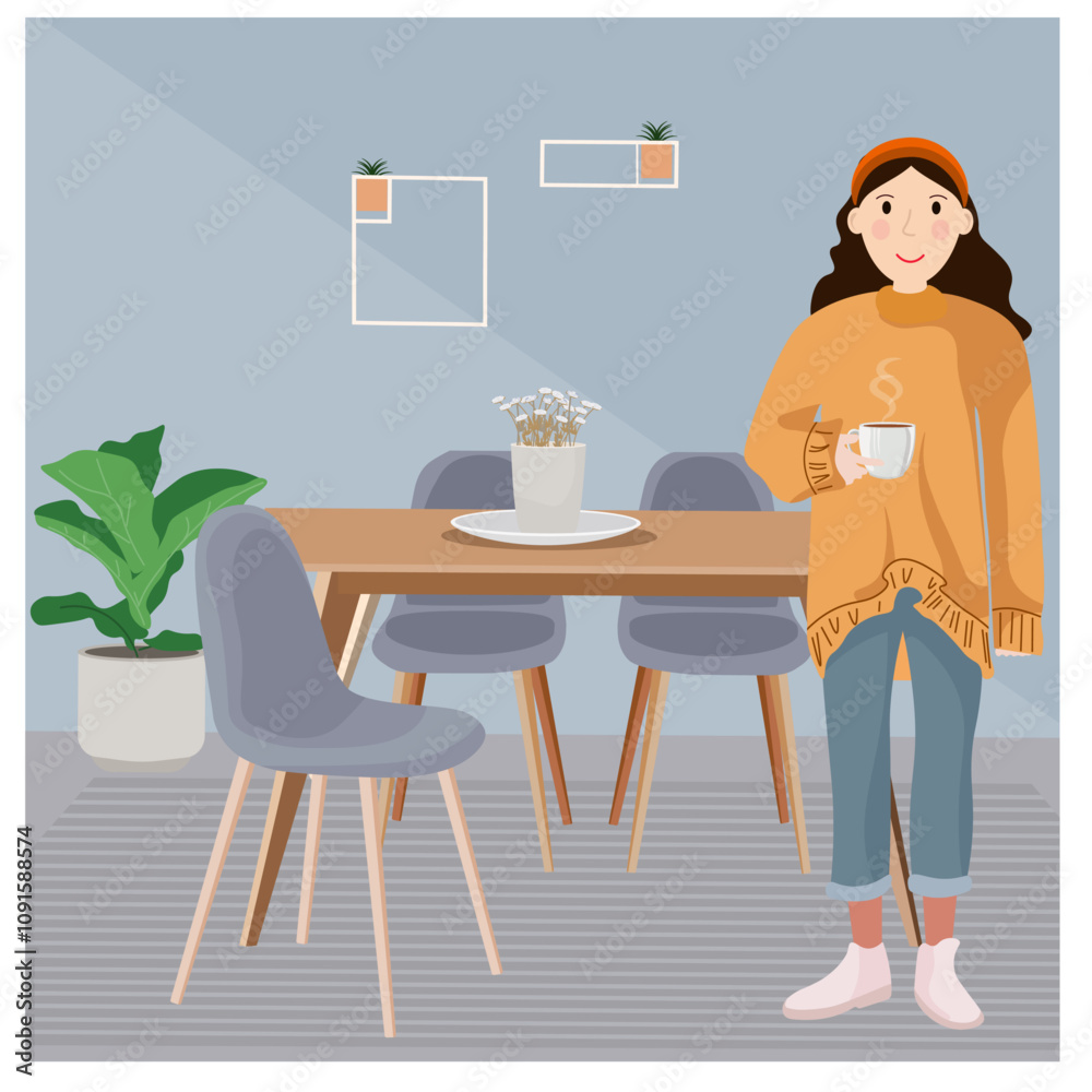A girl with a cup of coffee stands in the room A girl with a cup of coffee stands in the room