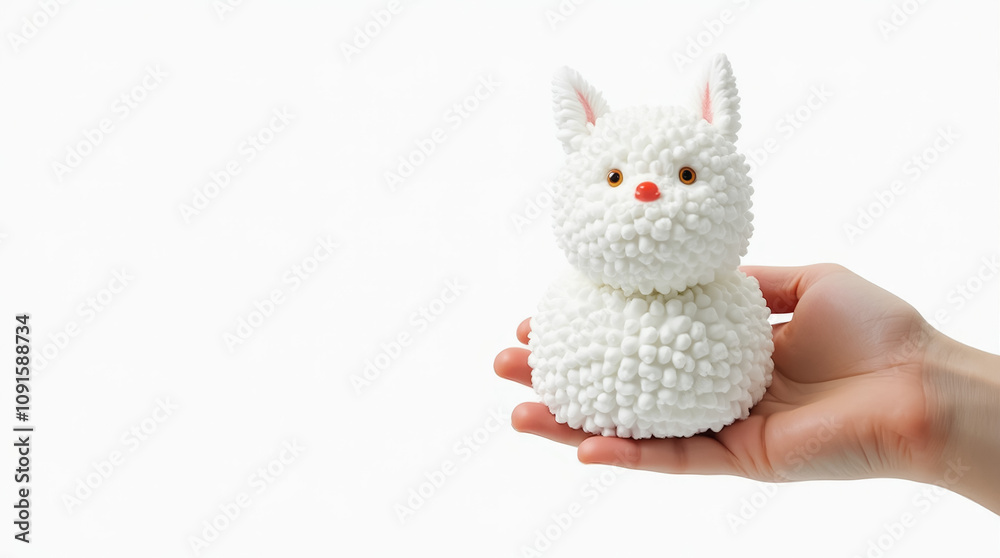 Fototapeta premium A person holds a fluffy white rabbit toy featuring a cute design and vibrant eyes, contrasting against a white backdrop