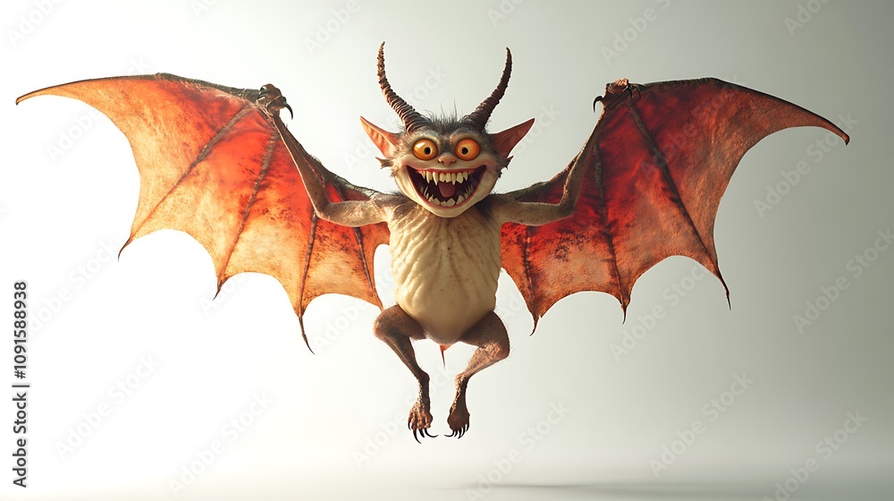 Naklejka premium A cheerful devil creature with large orange wings is flying