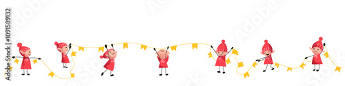 Cheerful New Year's gnomes in red costumes hold a long yellow garland with flags