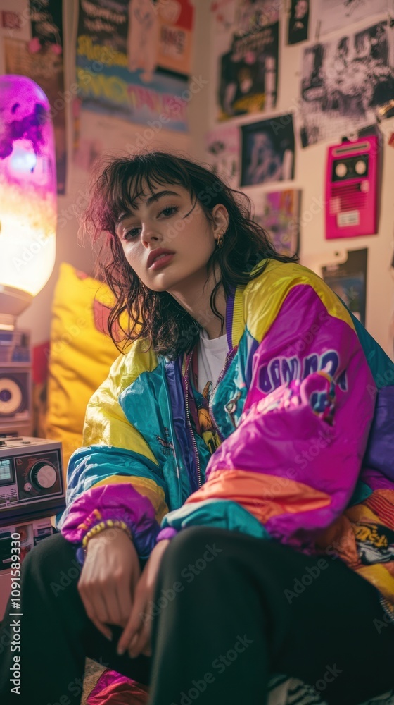Fototapeta premium Young woman wearing a vibrant windbreaker in a retro 90s bedroom with posters, neon lights, and vintage gadgets.