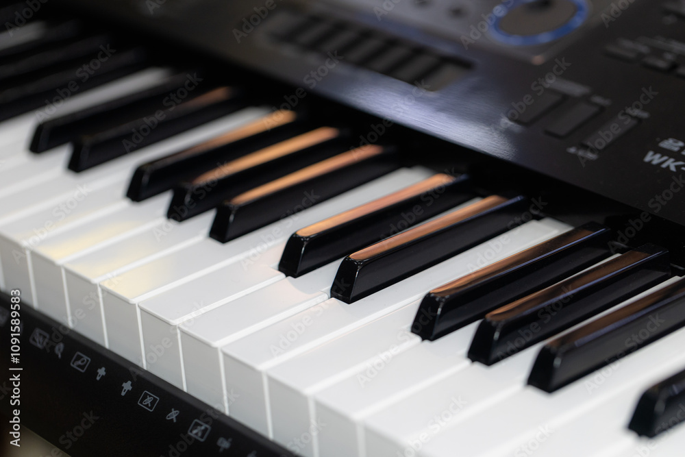 Closeup of black and white piano keyboard