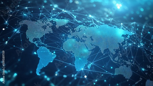 Light blue background with a digital world map and global network connections. Communication lines,  Technology concept. Logistics international delivery concept