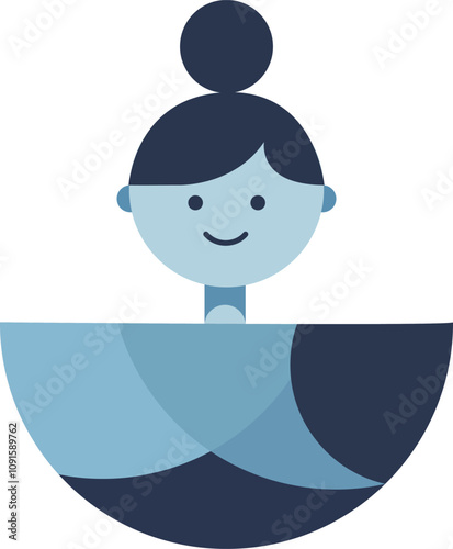 Toy face of female with abstract circular shapes. Blue colour palette. Fashion print - folk doll nesting doll
