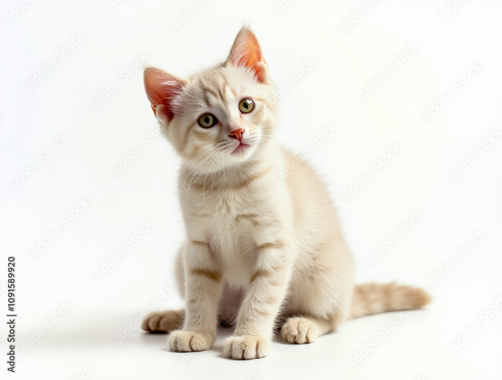 Fototapeta premium A curious kitten sits elegantly, showcasing its light cream fur and bright, expressive eyes