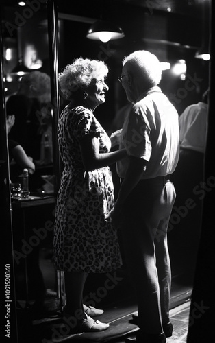 Black-and-White Image of Elderly People Dancing and Socializing at a Nightclub, Showcasing Joy and Timeless Energy photo