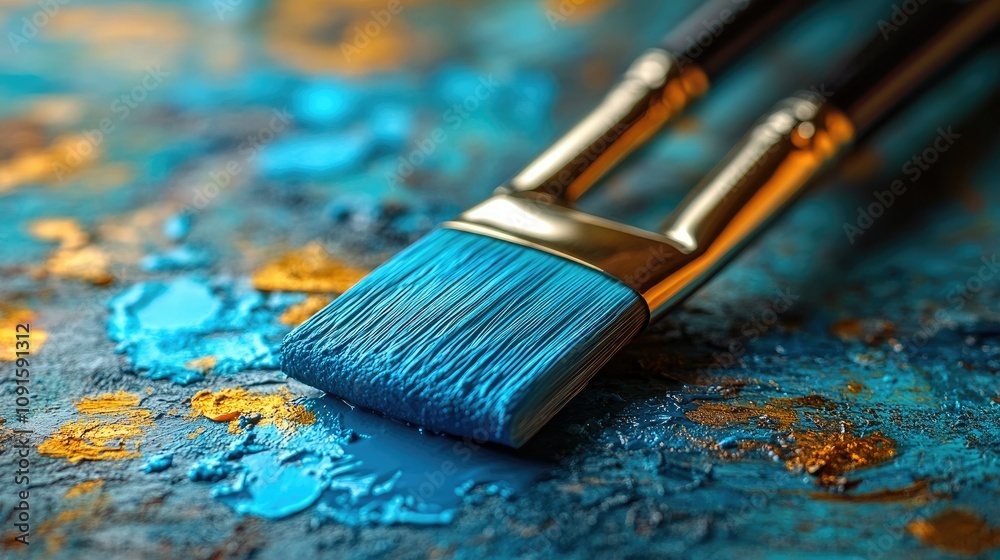 Fototapeta premium A close-up of a paintbrush with vibrant blue paint on a textured surface.