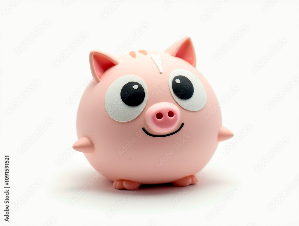 A cheerful pink pig toy with large eyes and a smiling face rests on a clean white surface, radiating joy