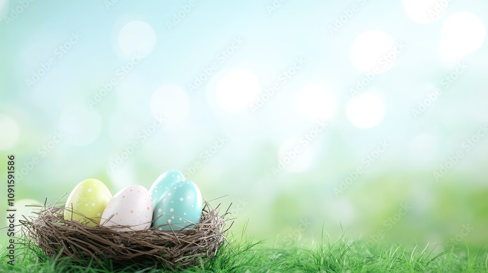 Obraz premium Easter Background with Colorful Eggs in a Nest on Green Grass, Perfect for Festive Designs