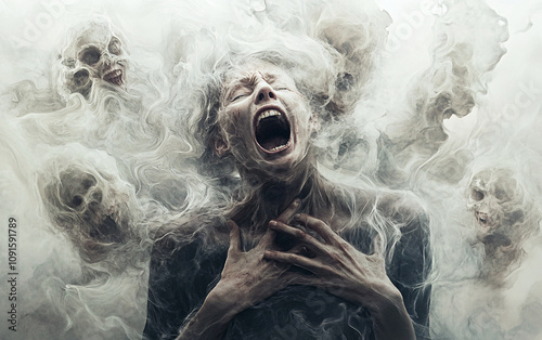 Dramatic Illustration of a Person Screaming with Ghostly Figures Emerging from Their Body, Conveying Fear and Ethereal Energy photo