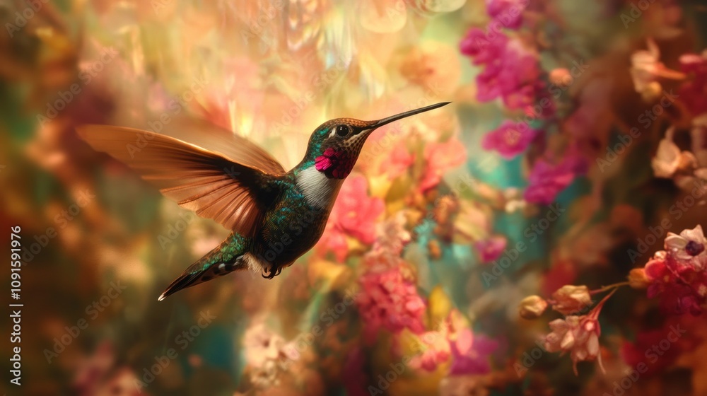 Naklejka premium A hummingbird in flight amidst a vibrant, colorful floral arrangement.