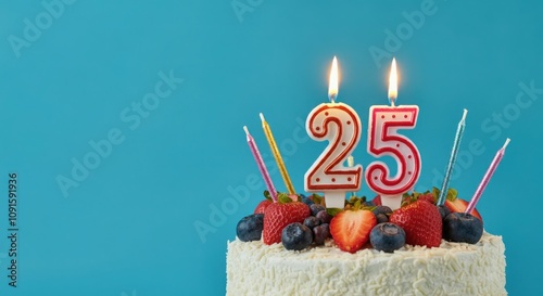 Birthday or anniversary cake with number 25 candle on blue background, perfect for twenty-fifth birthday or anniversary celebrations and special events photo