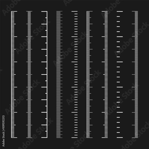 Vertical measurement scales with divisions. Realistic scale for measuring length or height in centimeters, millimeters or inches. Ruler, tape measure marks, size indicators. Vector illustration