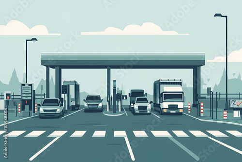 Illustration of a border checkpoint with cars and trucks under a roofed inspection area against a light blue background photo